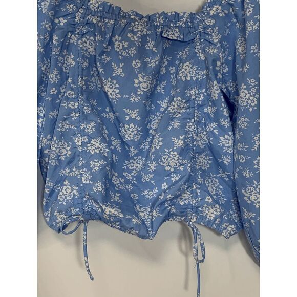 Speed Limit Womens Blouse Cropped Square Neck Drawstring Floral Blue Medium - Picture 8 of 9